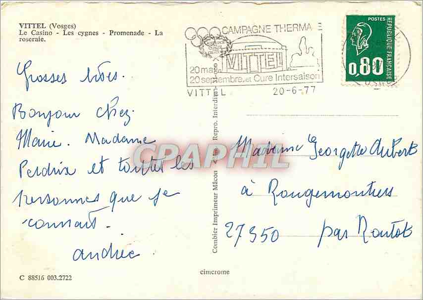 CPM Vittel Vosges Le Casino Les Cygnes Promenade La roseraie  — Rückseite