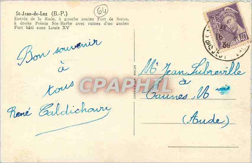CPM St Jean de Luz BP Entree de la Rade a gauche ancien Fort de Socoa  — Verso