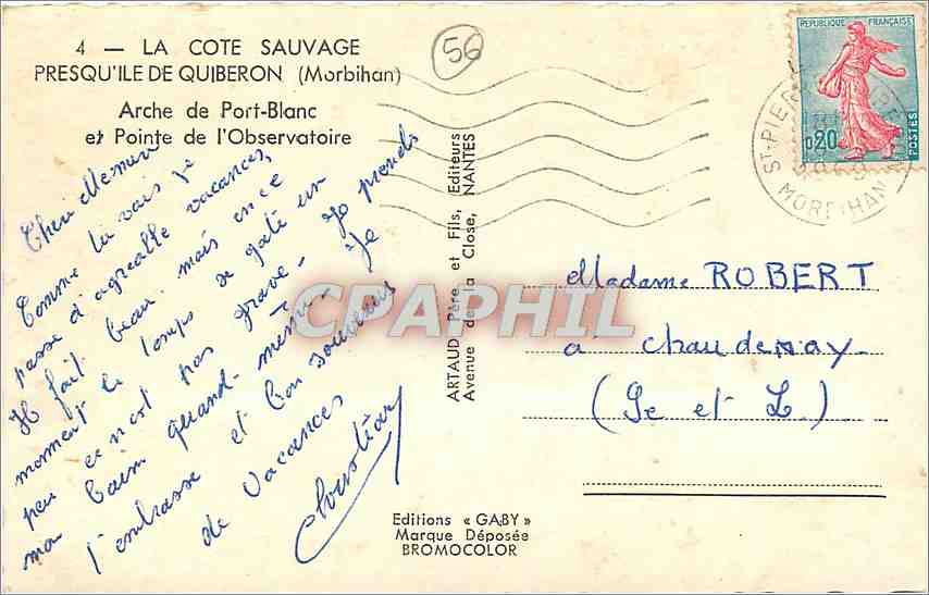 CPM La Cote Sauvage Presqu'ile de Quiberon Morbihan Arche de Port Blanc et Pointe de l'Observatoire  — Rückseite