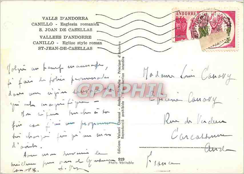 CPM Valls d'Andorra Canillo Eglise style roman St Jean de Casellas  — Verso