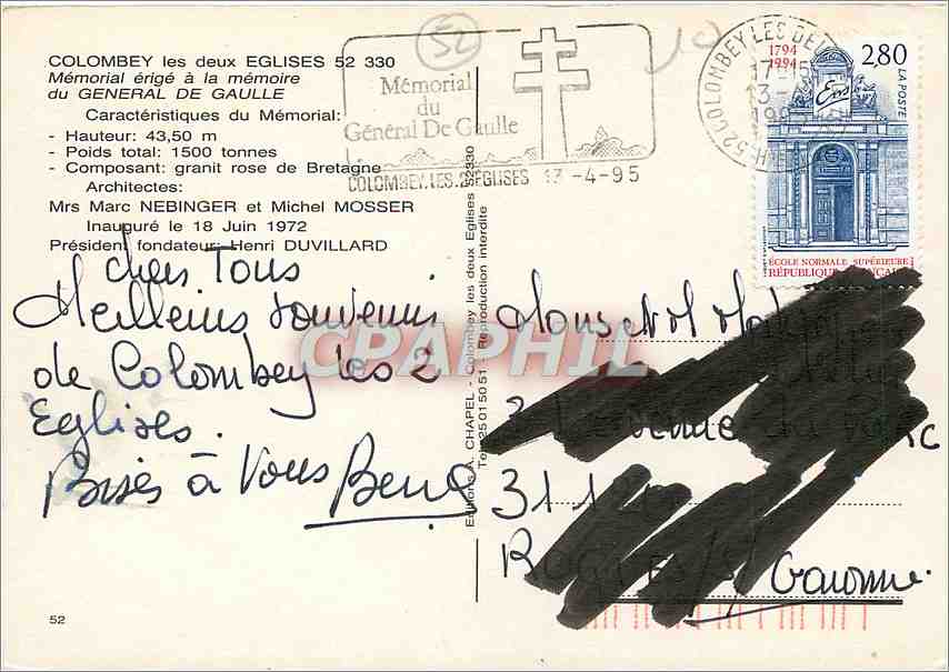 CPM Colombey les deux Eglises Memorial erige a la memoire du General de Gaulle  — Rückseite