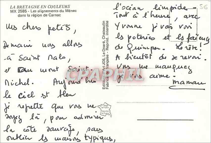 CPM La Bretagne en Couleurs les alignements du Menec dans la region de Carnac  — Rückseite
