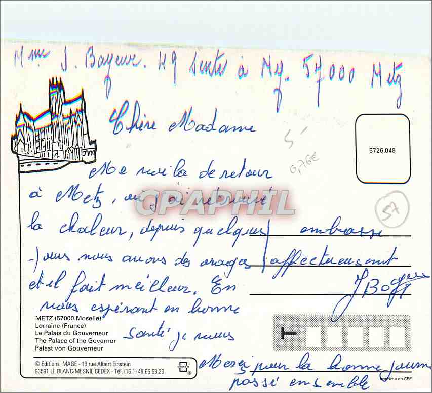 CPM Metz Moselle Lorraine France Le Palais du Gouvernour  — Rückseite
