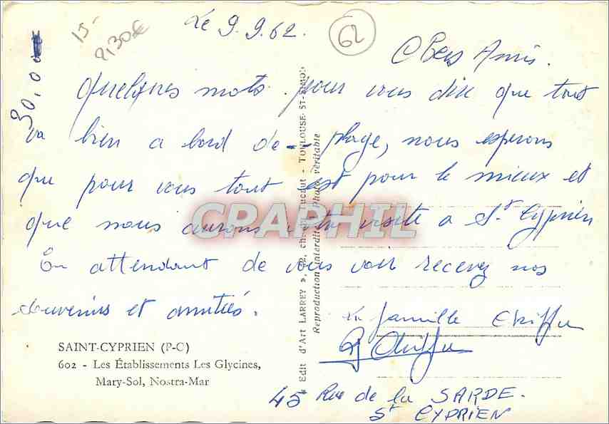 CPM Saint Cyprien Les Etablissements Les Glycines Mary Sol Nostra Mar  — Rückseite