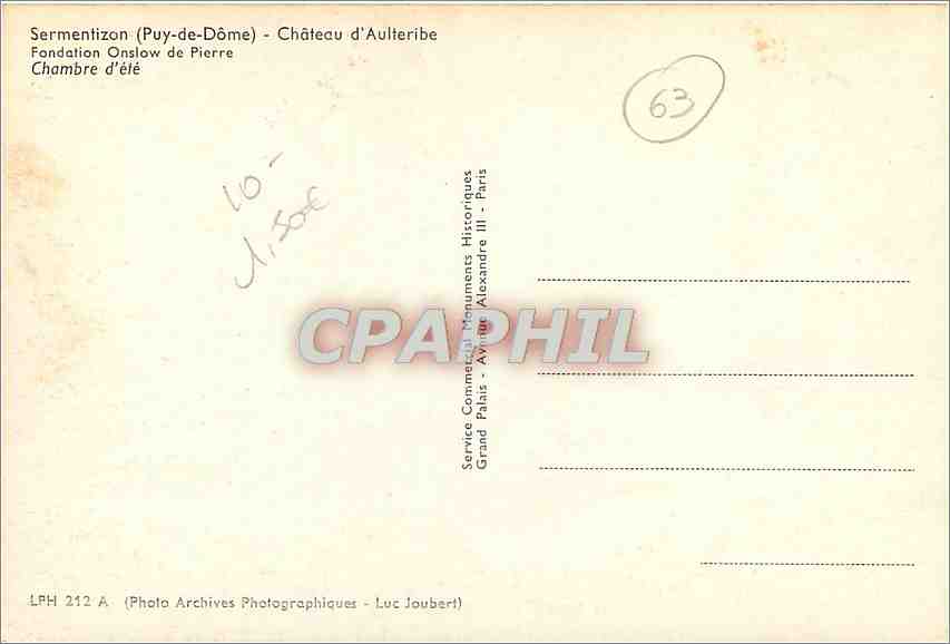 CPA Sermentizon Puy de Dome Chateau d'Autelribe  — Rückseite