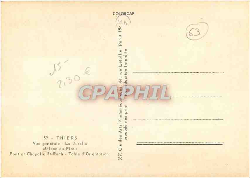 CPA Thiers Vue generale La Duralle Maison du Pirou Pont et chapelle St Roch Table d'orientation — Rückseite