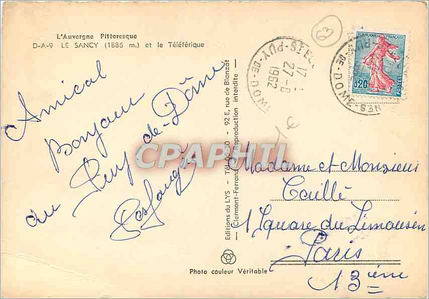 CPA L'Auvergne Pittoresque Le Sancy et le Teleferique — Rückseite