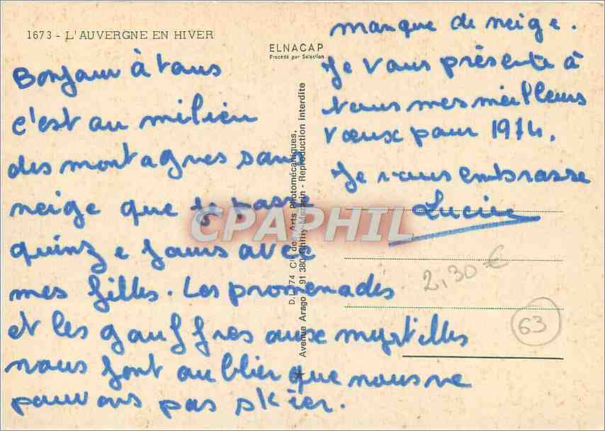 L'Auvergne en hiver — La Bourboule, Le Mont Dore, Super-Besse, Lac Chamoun, Le Sancty, Le Puy de Dôme — Éditeur Elnacap — Verso