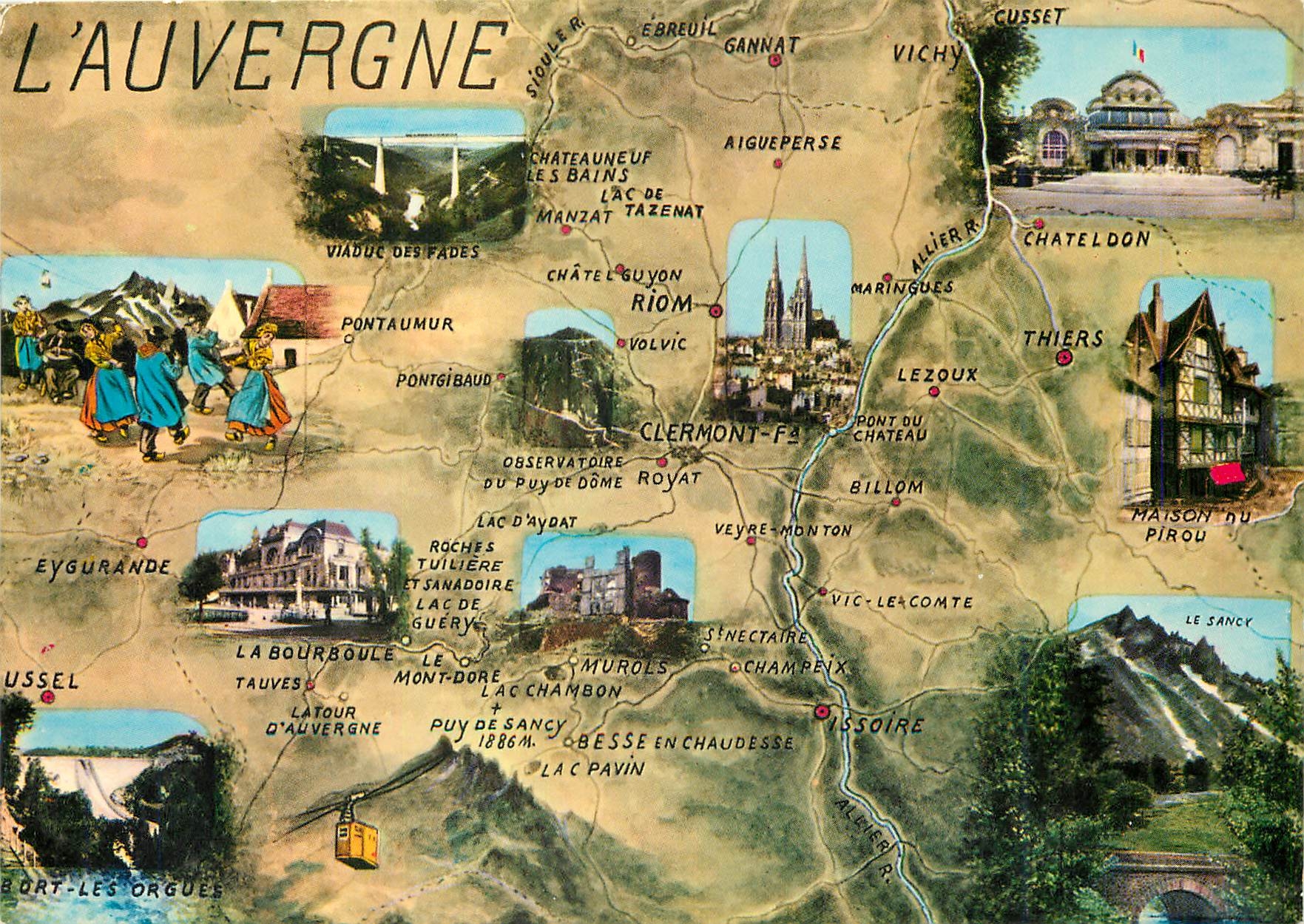 L'Auvergne — carte postale illustrée avec carte et vignettes — Édition Réamnes, n°15
