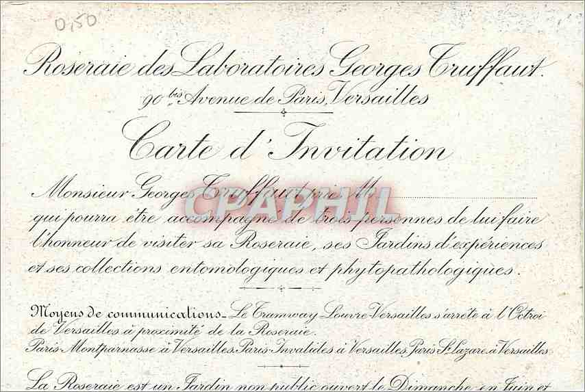CPM Carte d'Invitation  Roseraie Laboratoires Georges Truffaut Versailles — Rückseite