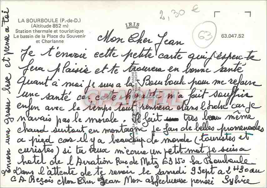 CPM La Bourboule P de D Station thermale et touristique Le bassin de la Place du Souvenir et Charlan — Rückseite