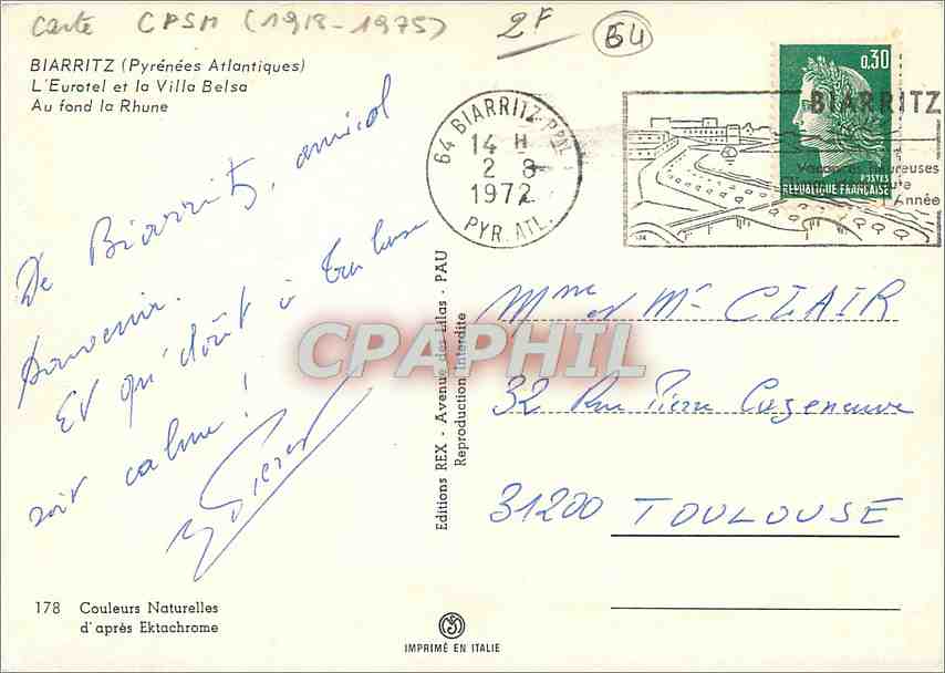Biarriz (Pyrénées-Atlantiques) — L'Eurotel et la Villa Belsa — Éditions REX, n°178 — Verso