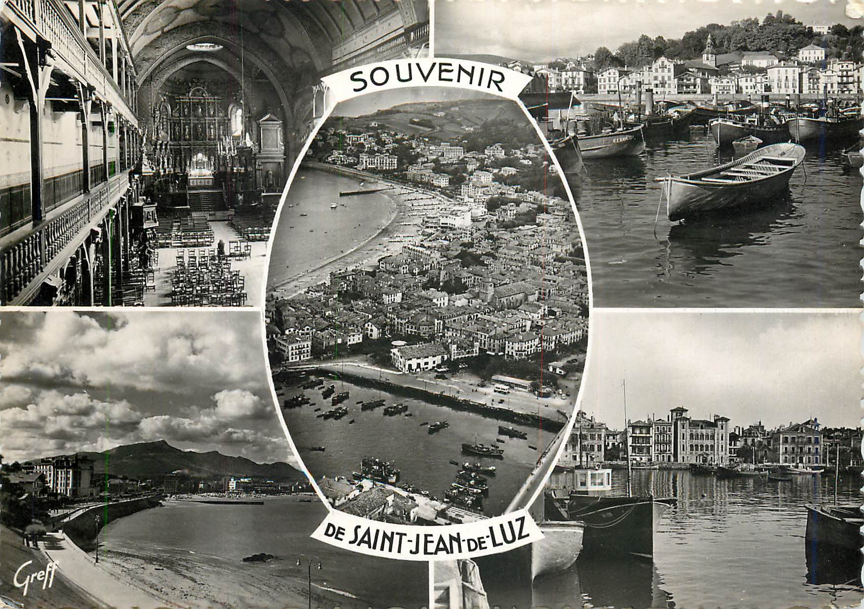 Saint-Jean-de-Luz — Panoramablick und Innenansicht der Kirche — Erinnerungskarte — Éditions Greff