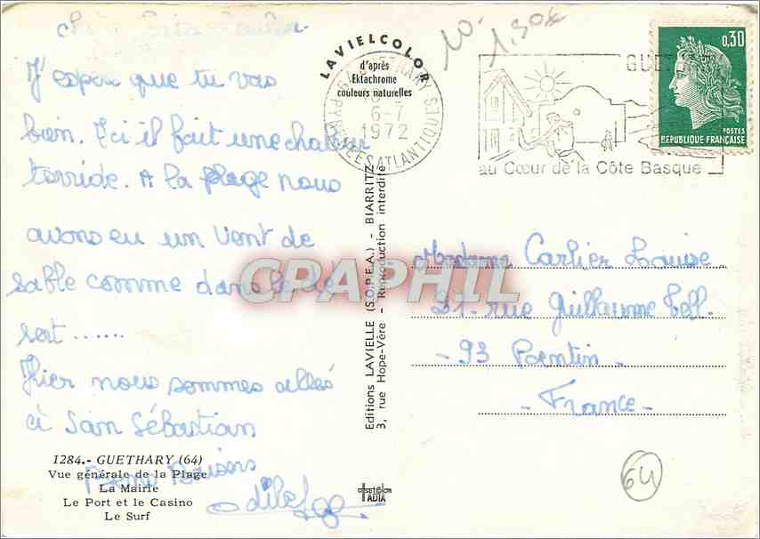 CPM Guethary Vue generale de la Plage La Mairie Le Port et le Casino Le Surf  — Rückseite
