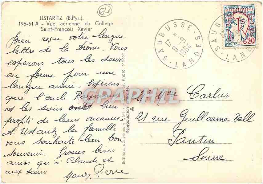 CPM Ustaritz B Pyr Vue aerienne du College Saint Francois Xavier  — Verso