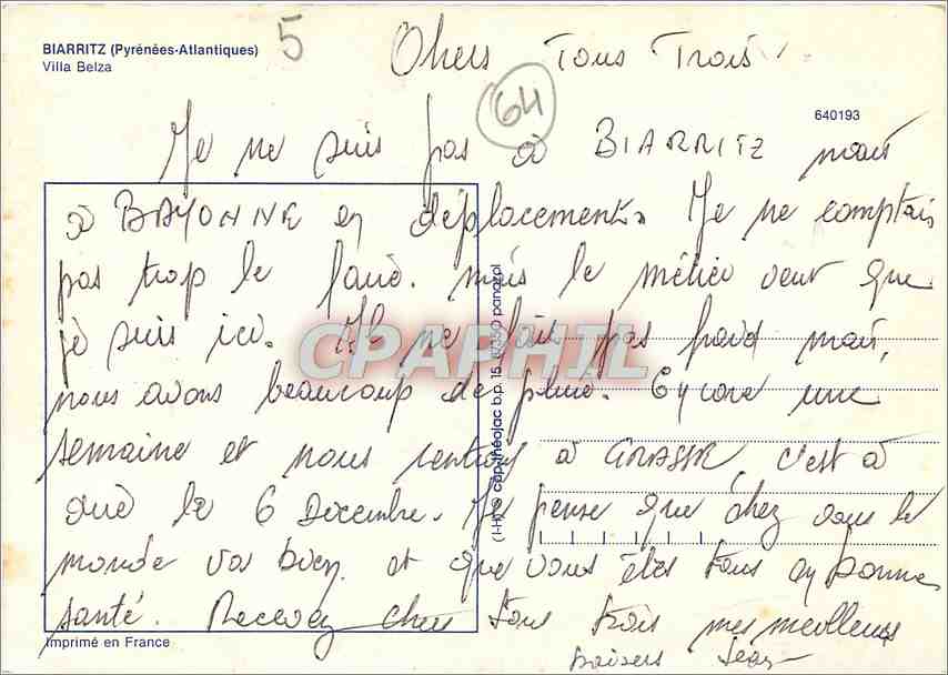 CPM Biarritz Pyrenees Atlantiques Villa Belza  — Verso