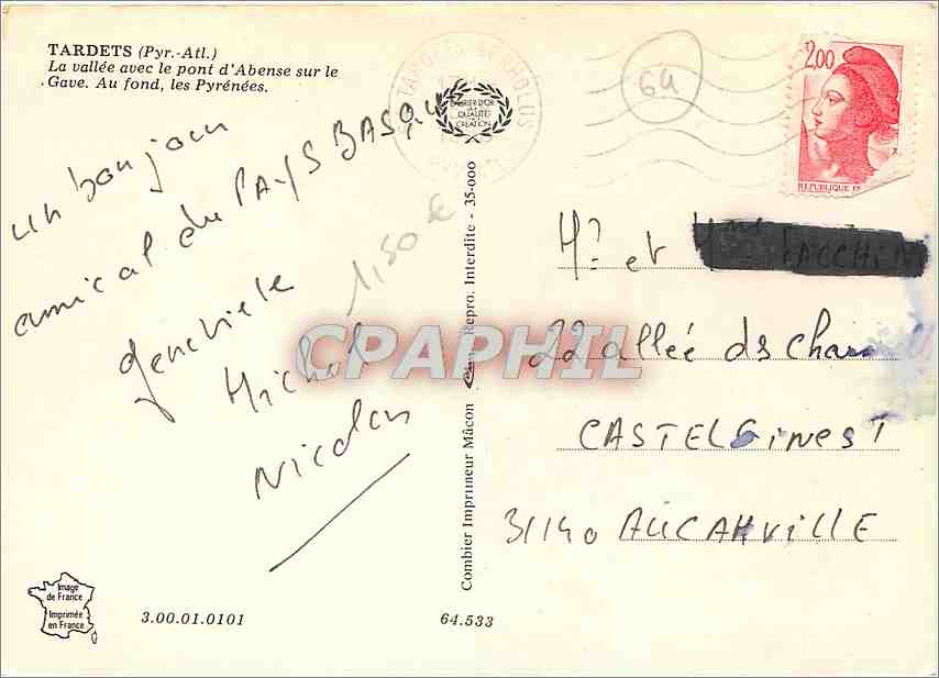 CPM Tardets Pyr Atl La vallee avec le pont d'Abense sur le Gave Au fond les Pyrenees  — Rückseite