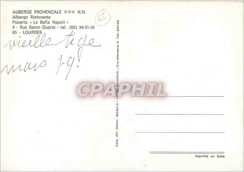 CPM Auberge Provencale Albergo Ristorante Lourdes  — Verso