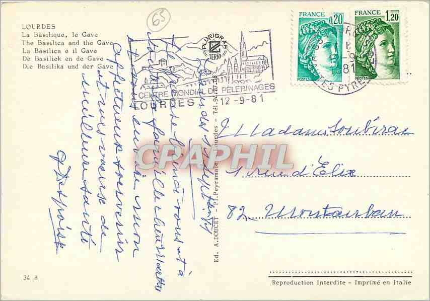 CPM Lourdes La Basilique le Gave  — Verso