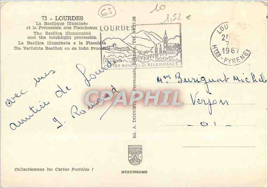 Lourdes — La Basilique illuminée et la procession aux flambeaux — Éd. A. Doucet, n° 73 — Verso