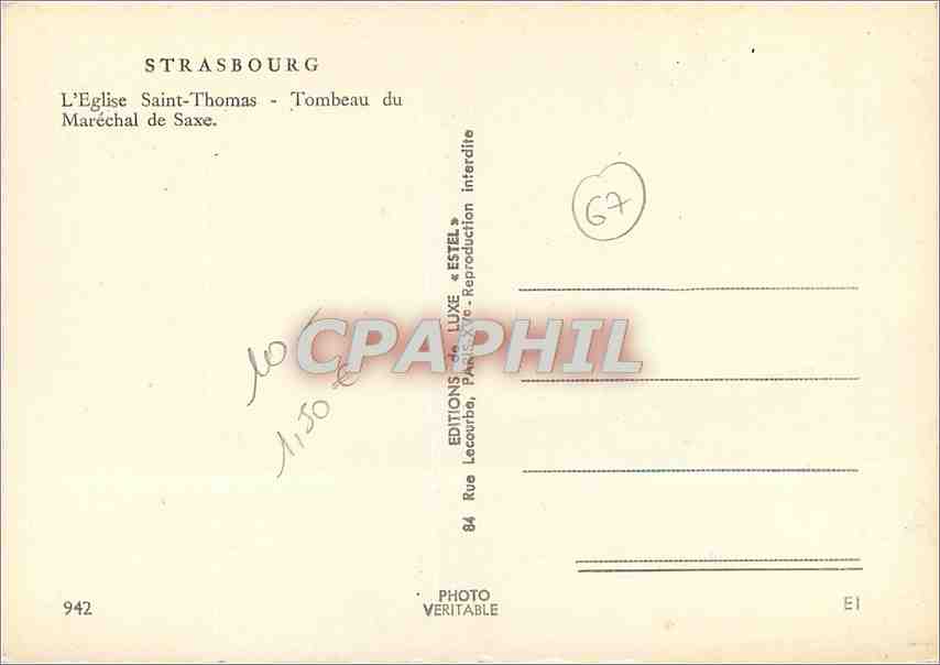 CPM Strasbourg L'Eglise Saint Thomas Tombeau du Marechal de Saxe  — Rückseite
