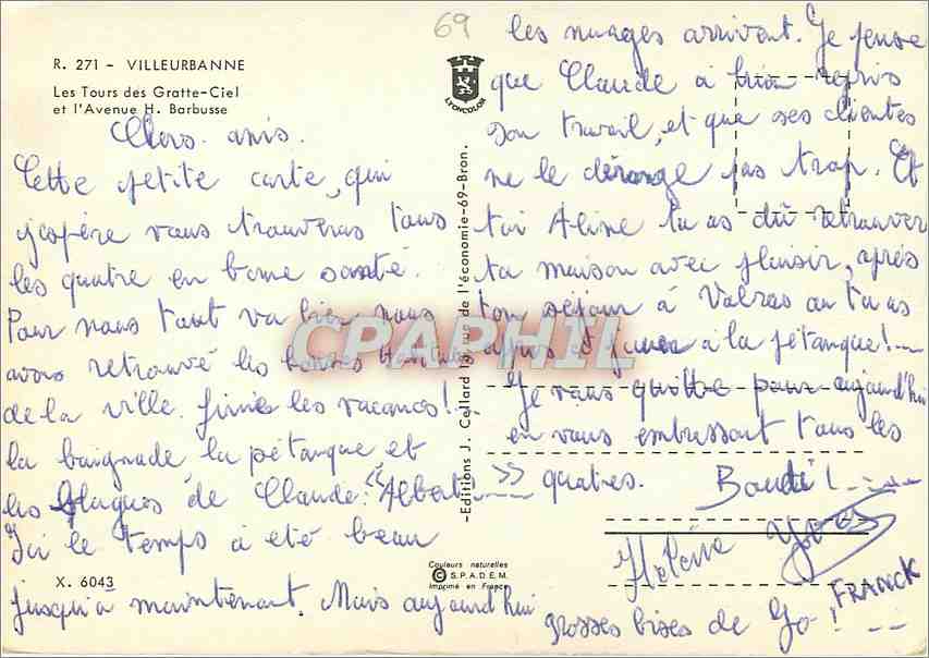 Les Tours des Gratte-Ciel et l'Avenue H. Barbousse — Villeurbanne — Éditions J. Callard — Verso