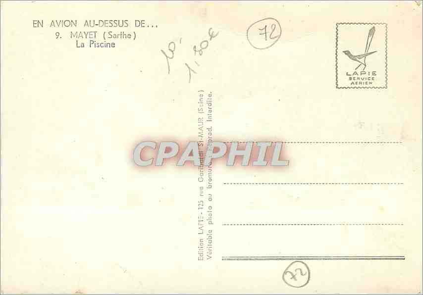 CPM En avion au dessus de Mayet Sarthe La Piscine  — Rückseite
