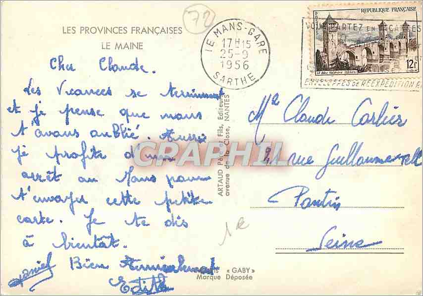 CPM Les Provinces Francaise Le Maine  — Rückseite
