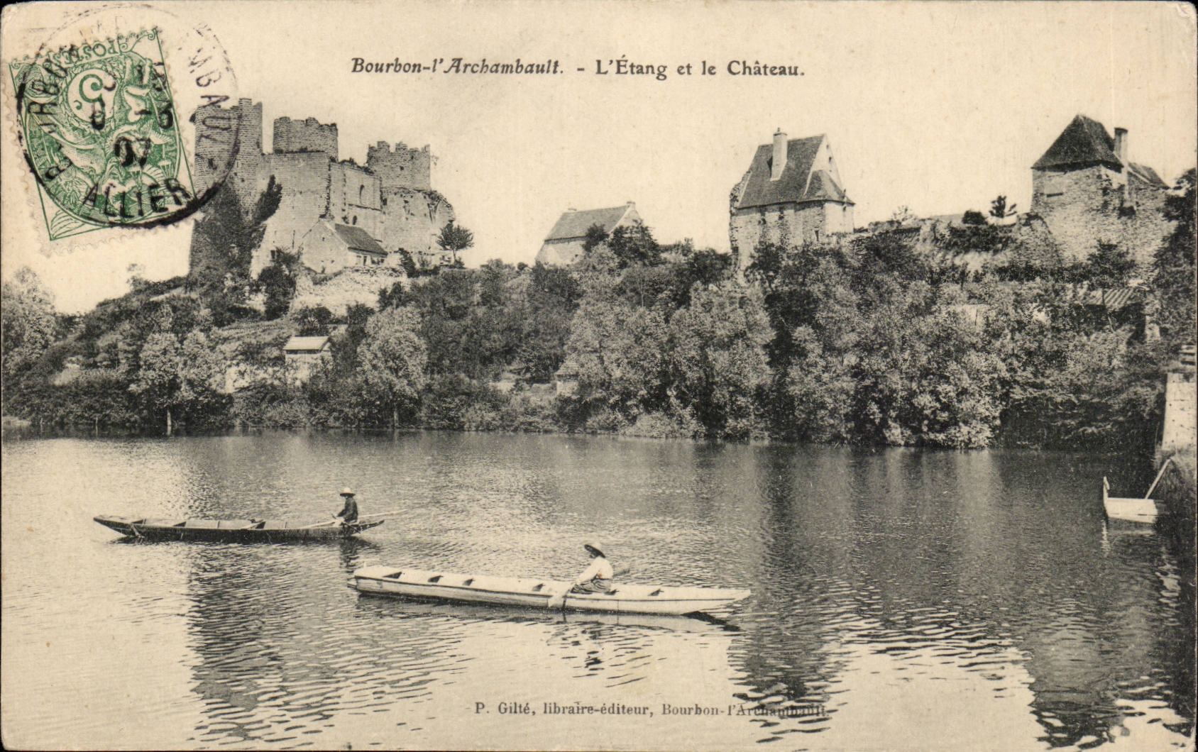Bourbon-l'archambault- L'Etang et le Chateau -CPA Bateau Rameur Rower