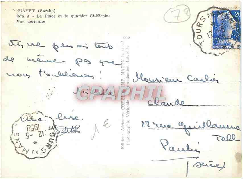CPM Mayet Sarthe La Place et le quartier St Nicolas Vue aerienne  — Rückseite