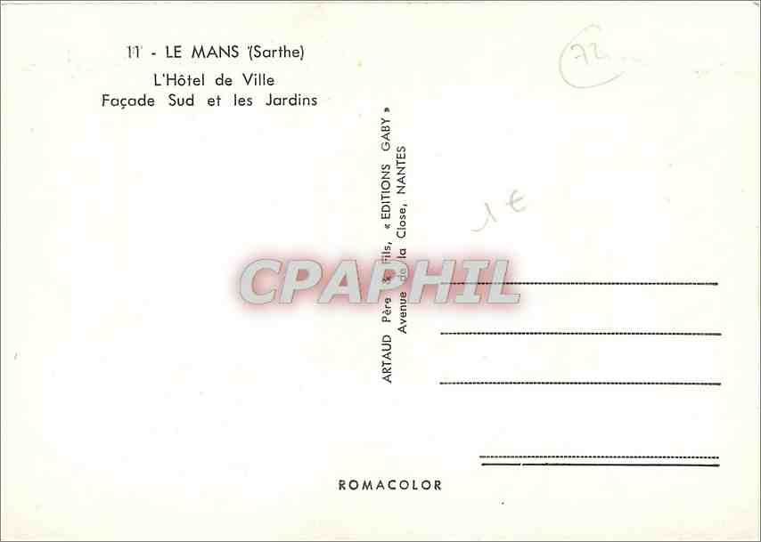 CPM Le Mans Sarthe L'Hotel de Ville Facade Sud et les Jardins  — Verso
