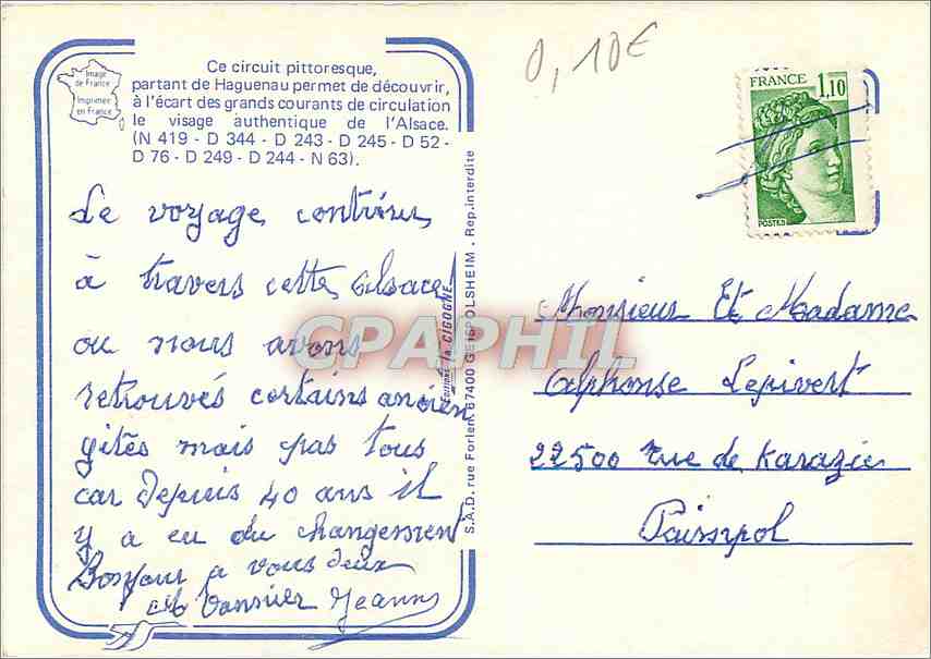 CPM Route des Villages Pittoresque Alsace Soufflenheim Soultz s Forets Schleiithal Wissembourg Obers — Rückseite