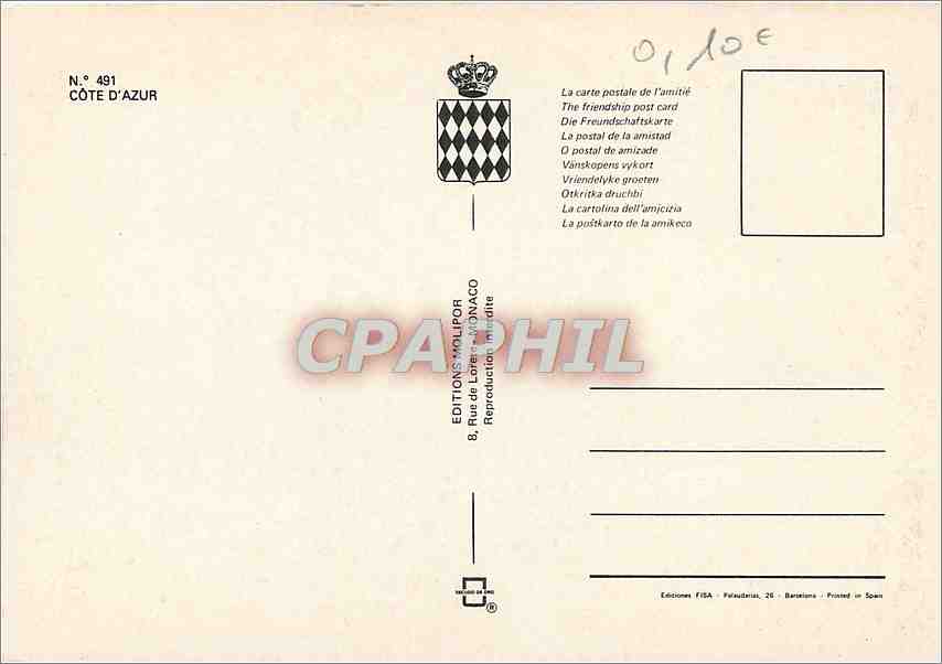 CPM Cote d'Azur Nice St Raphael Menton Antibes Cannes Monaco  — Verso