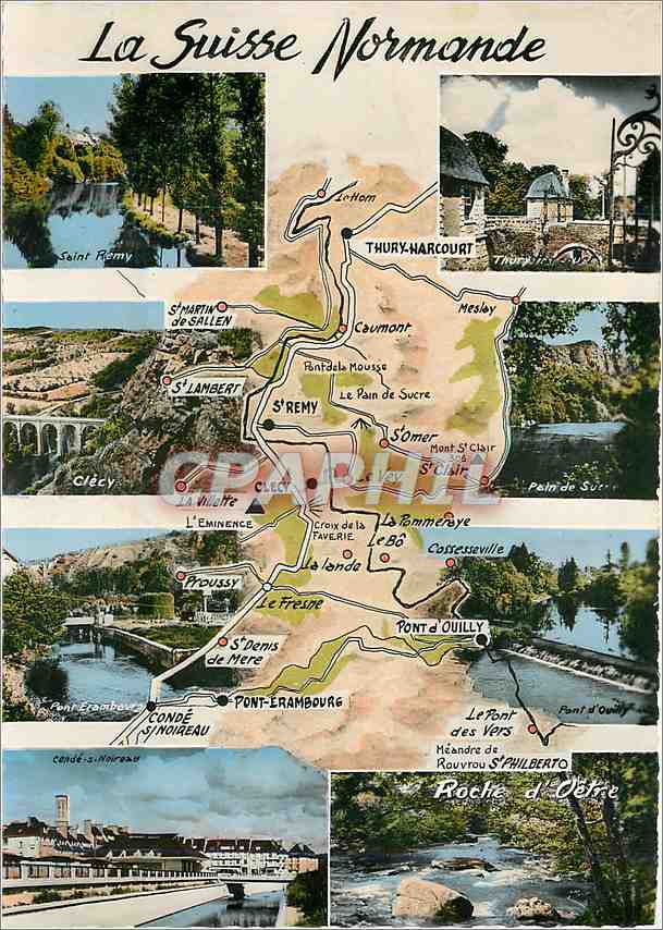 La Suisse Normande — carte postale illustrée avec carte et photos de lieux — éditée par Les Arts des Arts Photomécániques, Paris