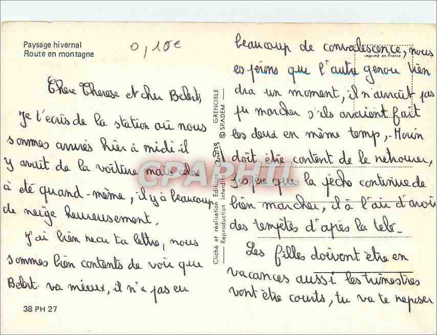 Paysage hivernal — Route en montagne — Grenoble, édition Spadem, n° 38 PH 27 — Rückseite