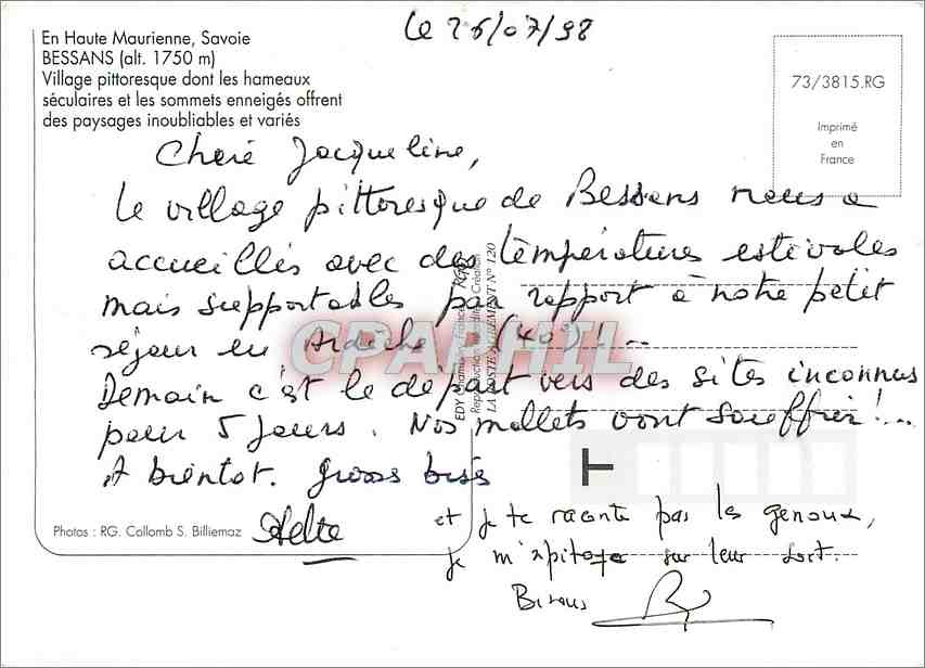 CPM Bessans Village Pittoresque dont les hameaux seculaires et les sommets enneiges offrent des pays — Rückseite