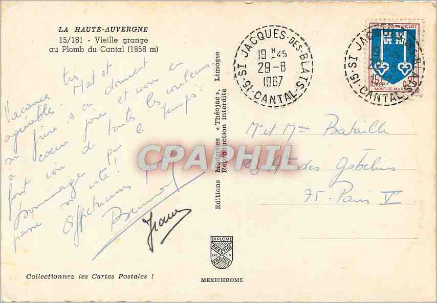 CPM Vieille grange au Plomb du Cantal  — Rückseite