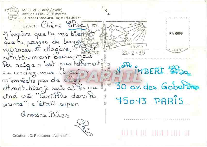 CPM Megeve Haute Savoie Le Mont Blanc vu du Jaillet Ski — Rückseite