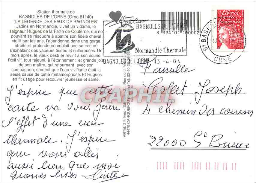 CPM Station Thermale de Bagnoles de l'Orne La Legende des eaux de Bagnoles  — Rückseite