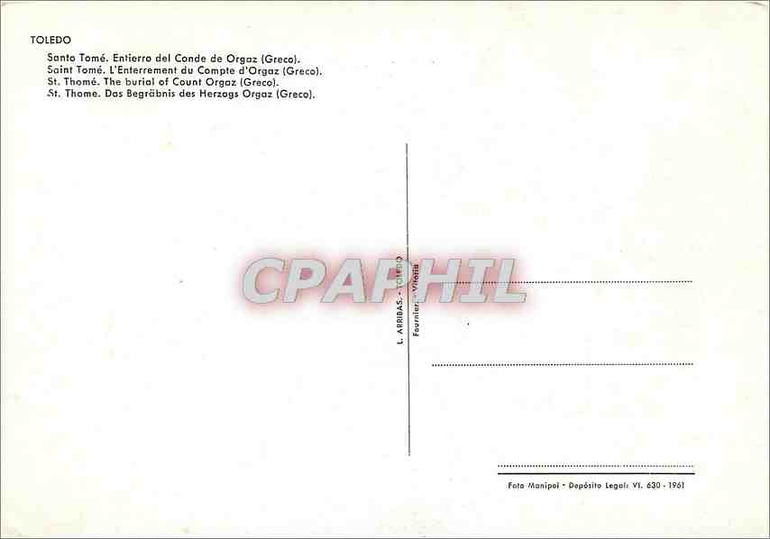 CPM Toledo Saint Tome L'Enterrement du Compte d'Orguz Greco  — Rückseite