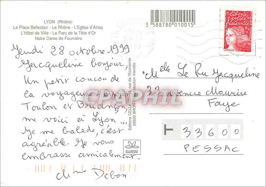 CPM Lyon Rhone La Place Bellecour Le Rhone L'Eglise d'Ainay  — Back