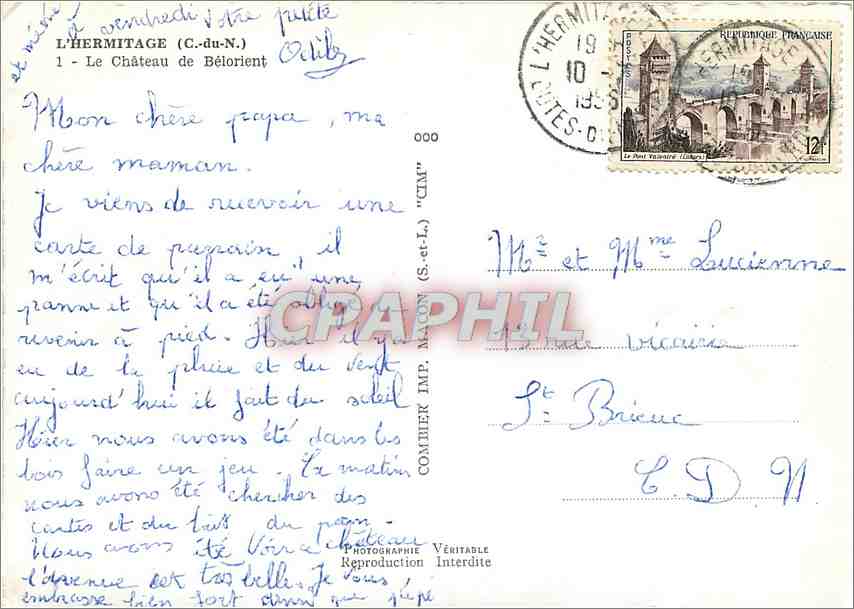 Le Château de Bélorient — L’Hermitage (C.-du-N.) — Comthier Imp. Maton (S.-et-L.) — Rückseite