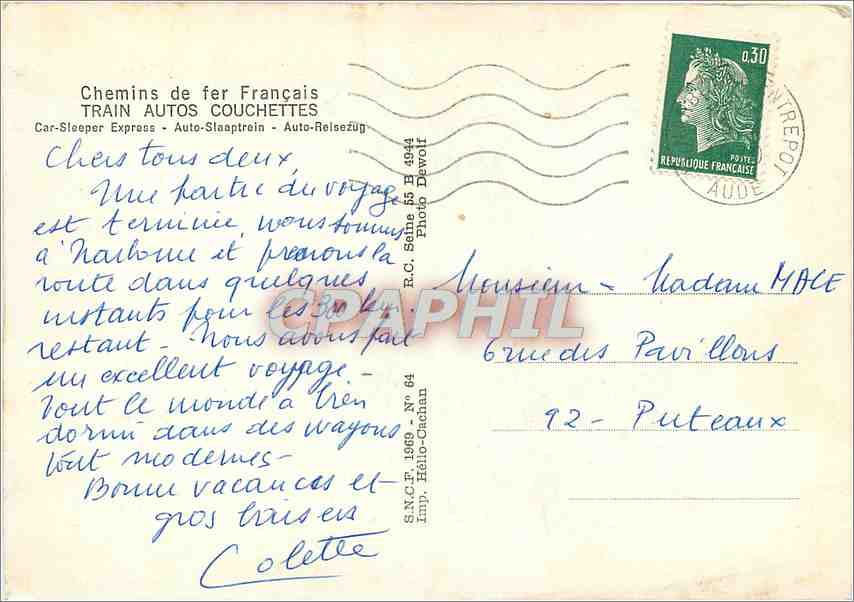 CPM Chemins de fer Francais Train autos couchettes  — Verso