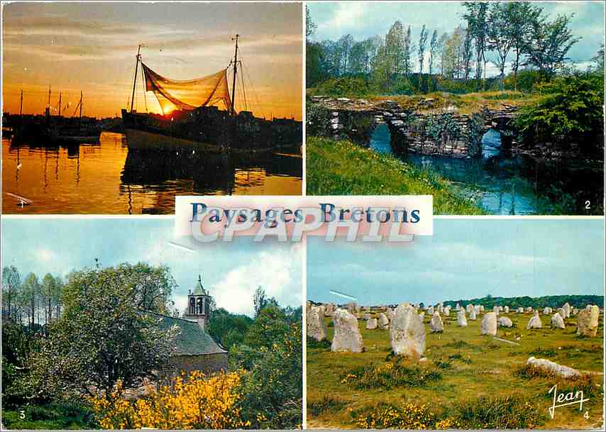 CPM La Bretagne Coucher de soleil Pont Chapelle fleurie Menhirs 