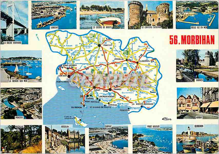 Morbihan — Carte touristique avec vue de sites et carte routière — Imprimerie Combier