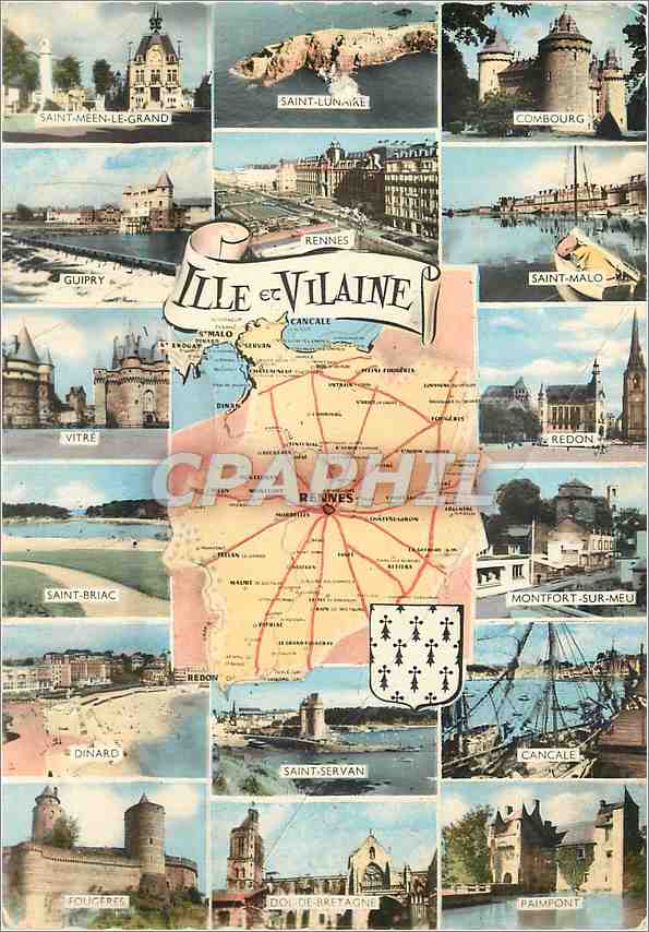 Ille-et-Vilaine — Carte postale panoramique avec carte et vignettes de lieux — Éditions Romacolor