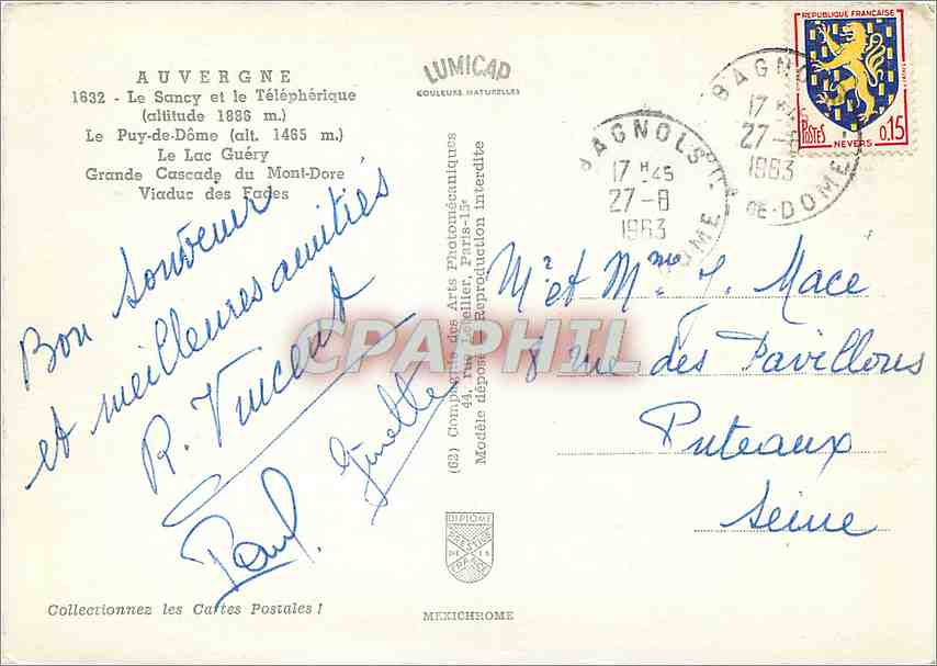 CPM Auvergne Le Sancy et le Telepherique Le Puy de Dome Le Lac Guery  — Rückseite