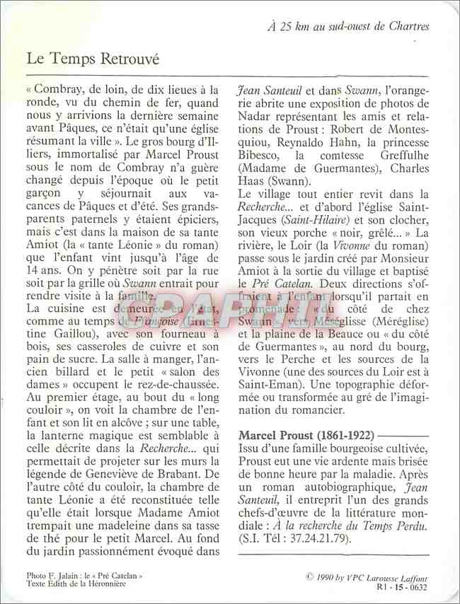 Fiche illustree Illiers Combray Le souvenir de Proust  — Verso