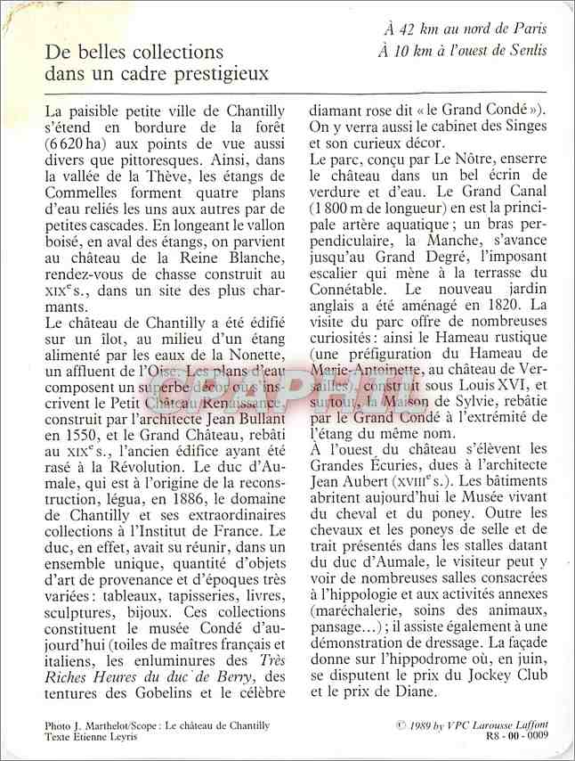Fiche illustree Chantilly La foret le parc le chateau  — Rückseite