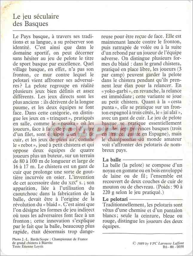 Fiche illustree Pays Basque La pelote  — Rückseite